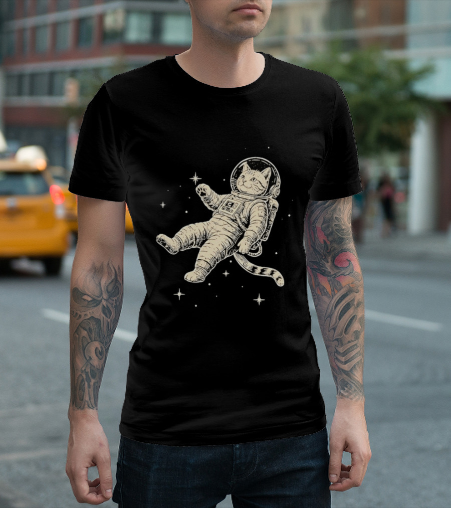 Astronaut Cat Floating In Space With Stars And Helmet T-Shirt
