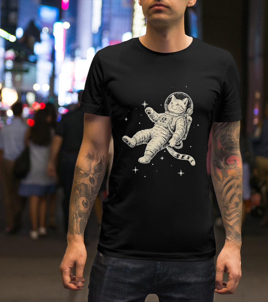 Astronaut Cat Floating In Space With Stars And Helmet T-Shirt
