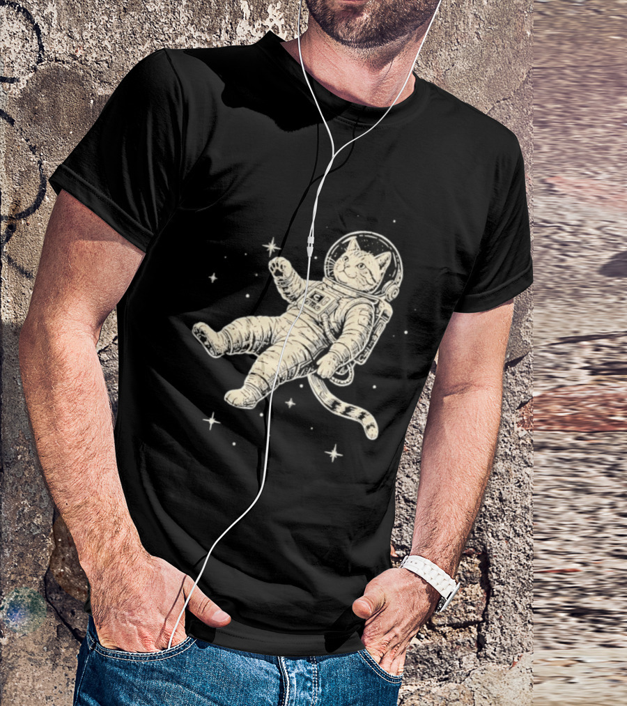Astronaut Cat Floating In Space With Stars And Helmet T-Shirt