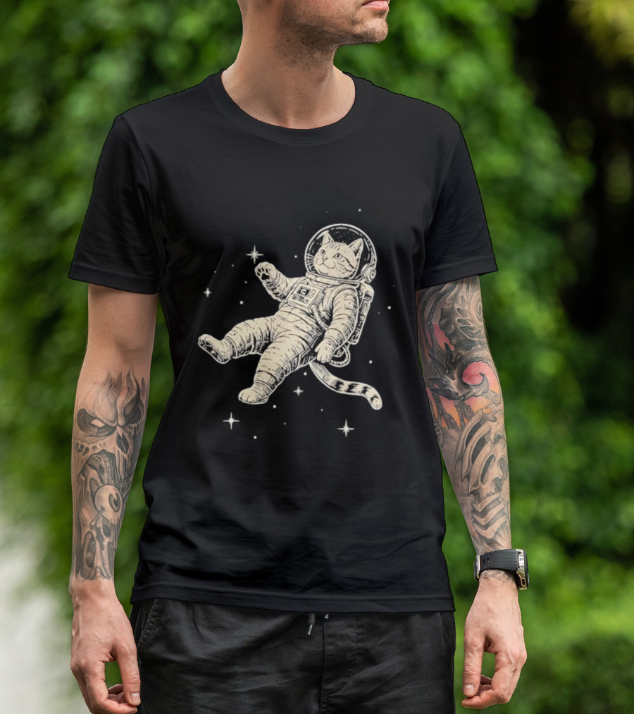 Astronaut Cat Floating In Space With Stars And Helmet T-Shirt