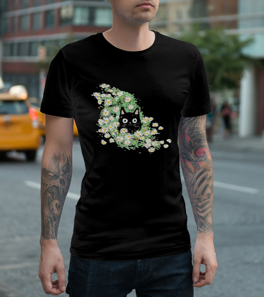 Black Cat Surrounded By Daisies In A Field T-Shirt