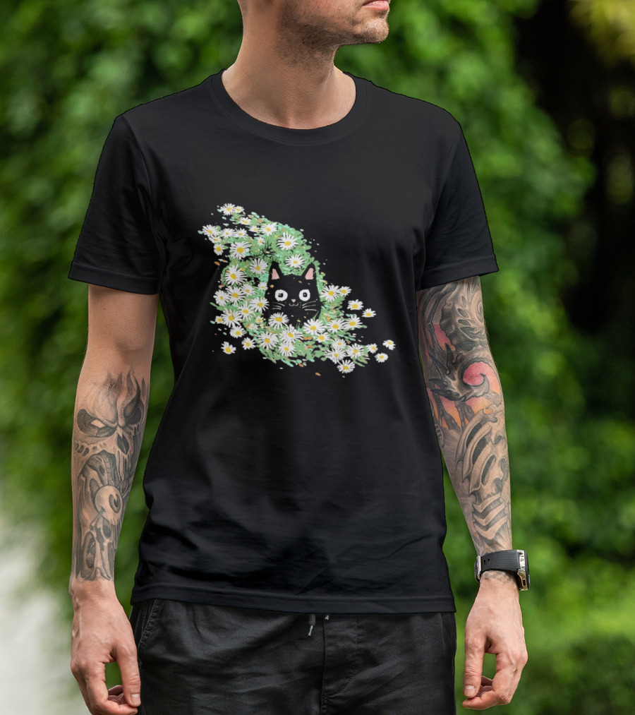 Black Cat Surrounded By Daisies In A Field T-Shirt