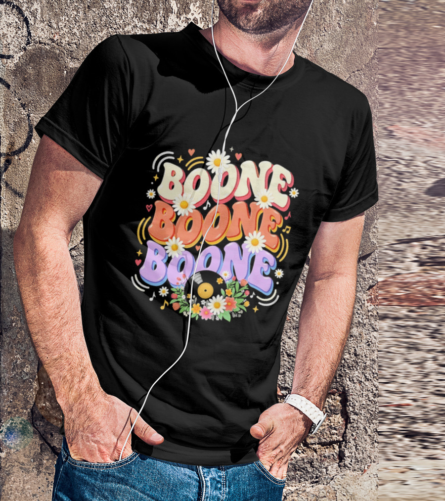 Boone Floral Vinyl Record Music Lover Colorful Daisy Notes Hearts T-Shirt