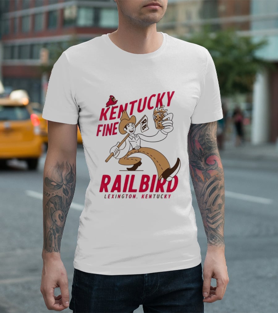 Kentucky Fine Railbird Lexington Kentucky Cowboy With Trophy And Cardinal T-Shirt