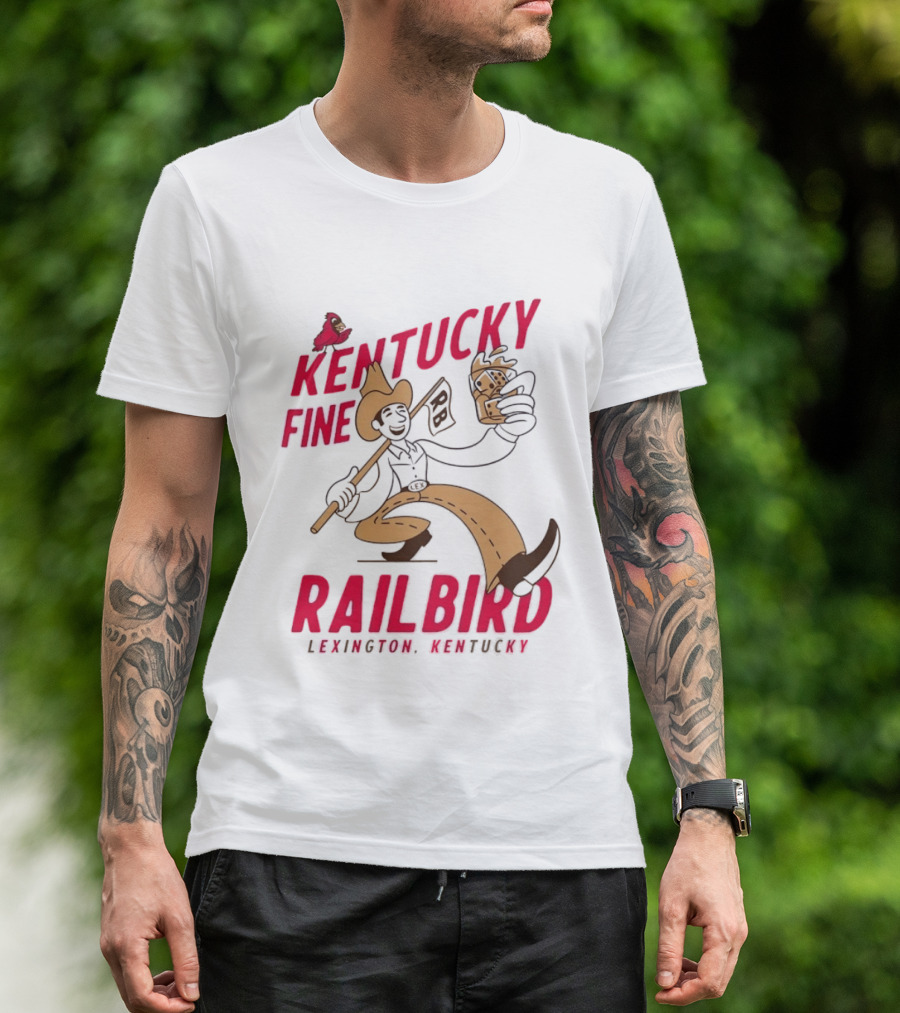 Kentucky Fine Railbird Lexington Kentucky Cowboy With Trophy And Cardinal T-Shirt