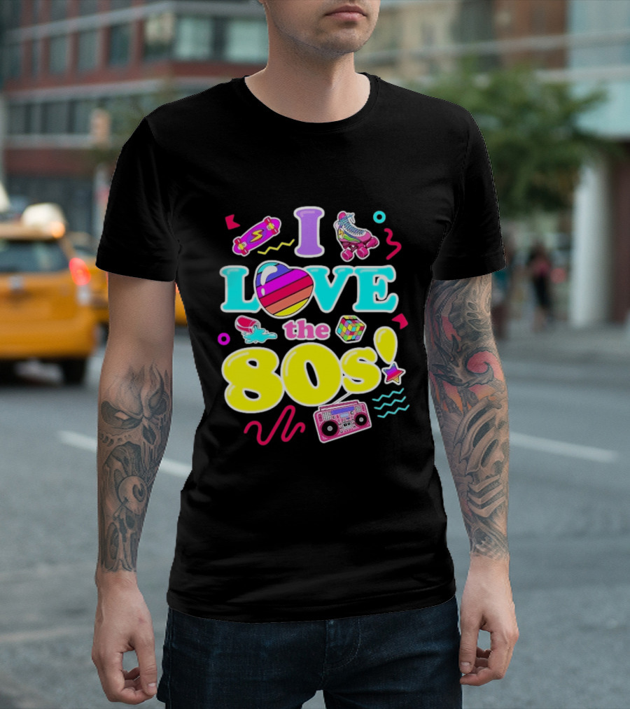 I Love The 80s Nostalgia Roller Skates Boombox Rubik's Cube Retro Fun T-Shirt