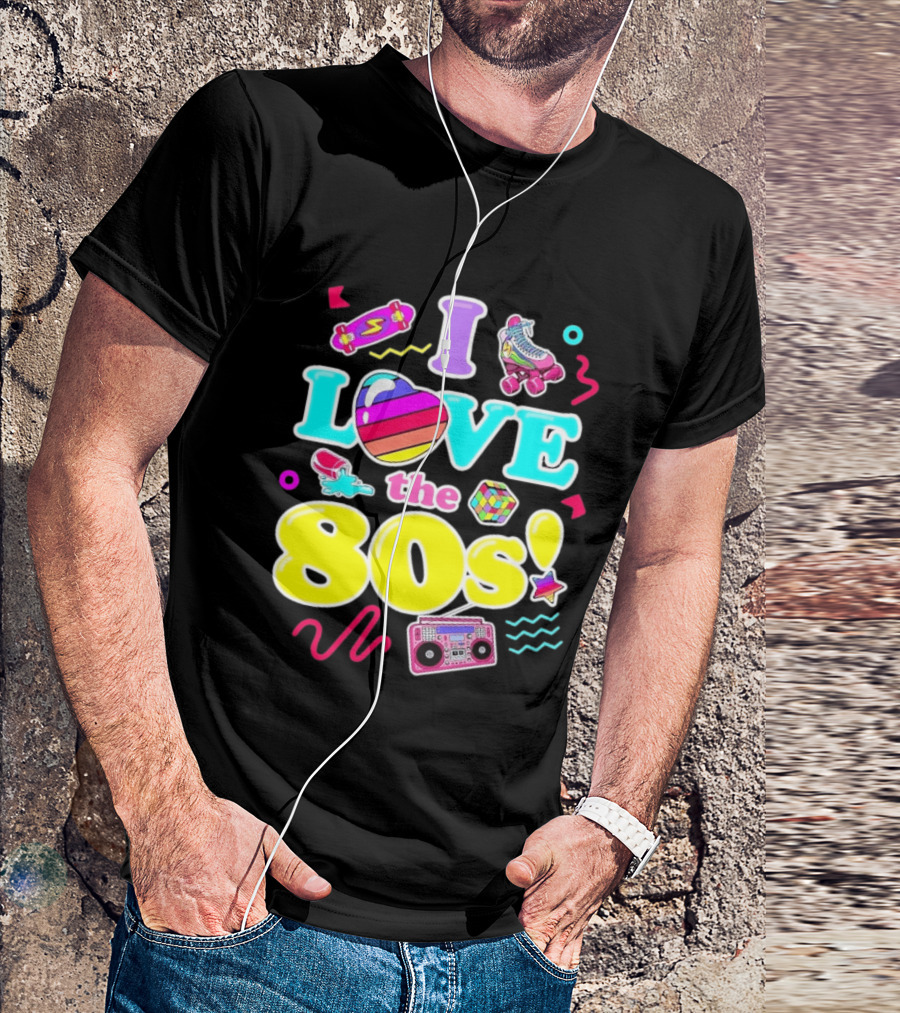 I Love The 80s Nostalgia Roller Skates Boombox Rubik's Cube Retro Fun T-Shirt