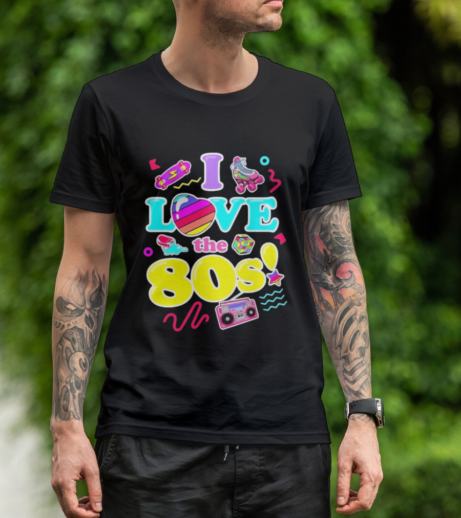 I Love The 80s Nostalgia Roller Skates Boombox Rubik's Cube Retro Fun T-Shirt
