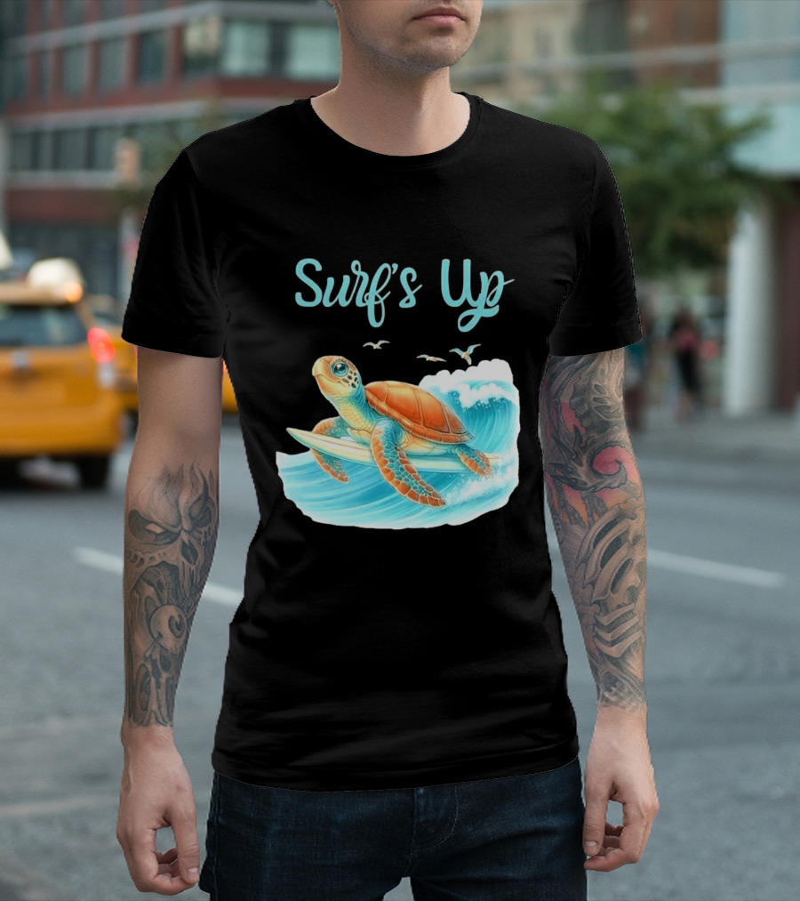 Surf's Up Turtle Riding Surfboard On Big Wave T-Shirt