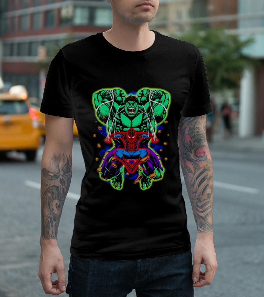 The Incredible Hulk And Spider Man Marvel Superheroes Comic Action Scene T-Shirt