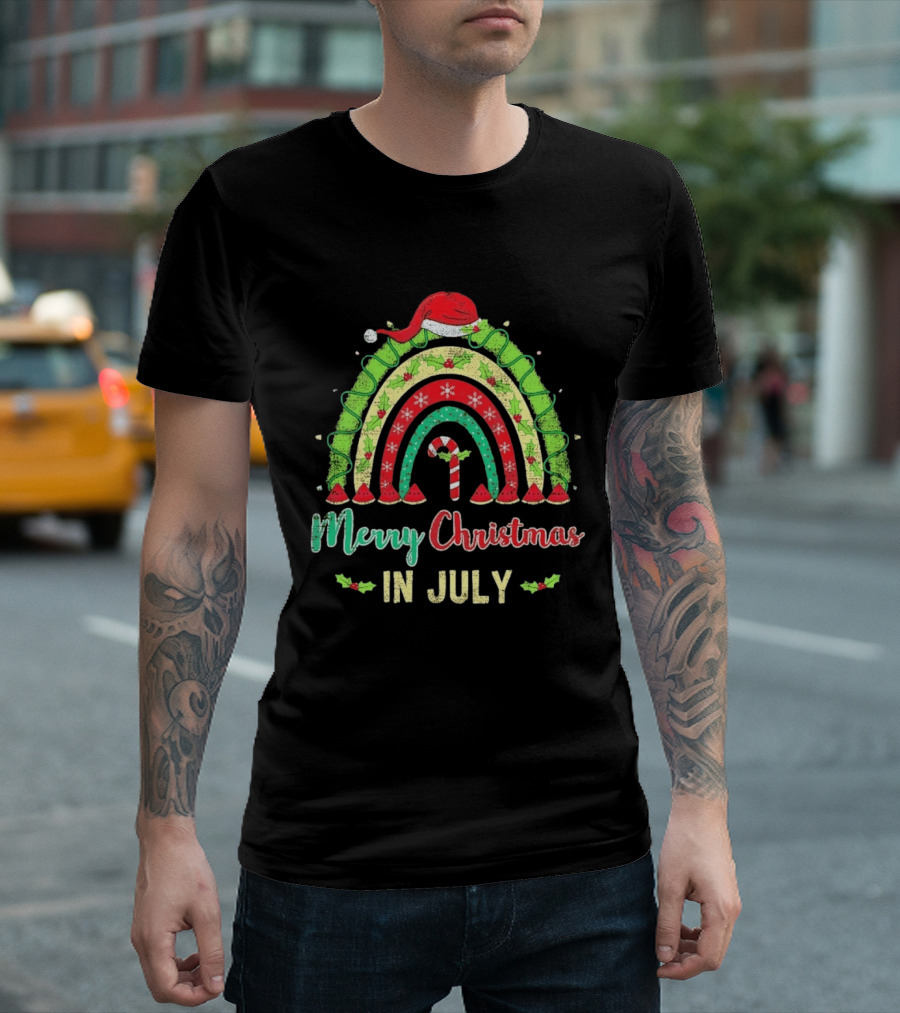 Merry Christmas In July Distressed Rainbow With Santa Hat And Candy Cane T-Shirt