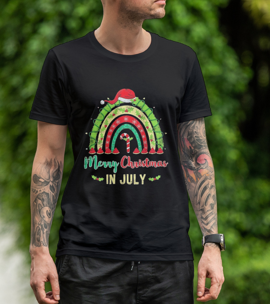 Merry Christmas In July Distressed Rainbow With Santa Hat And Candy Cane T-Shirt