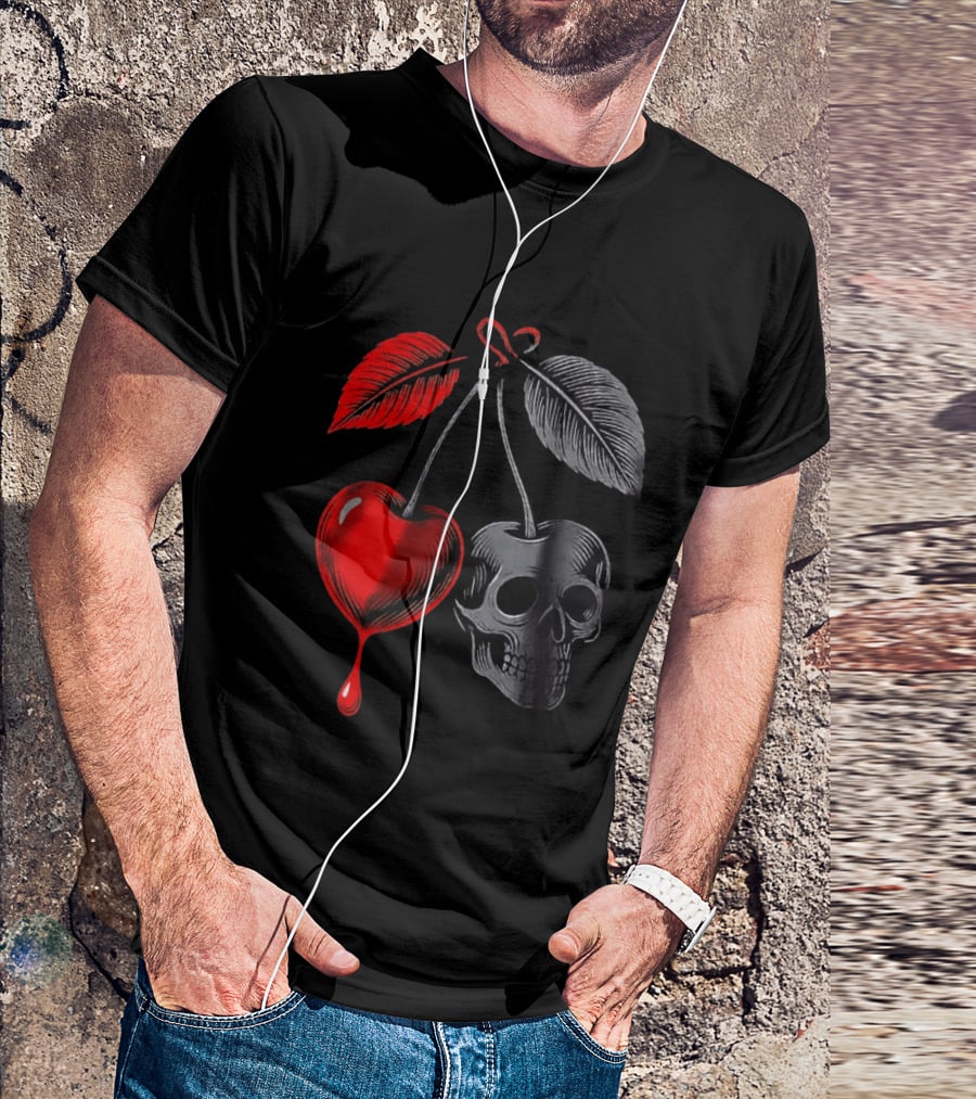 Bleeding Cherry Skull Memento Mori Gothic Macabre Dark Fruit T-Shirt