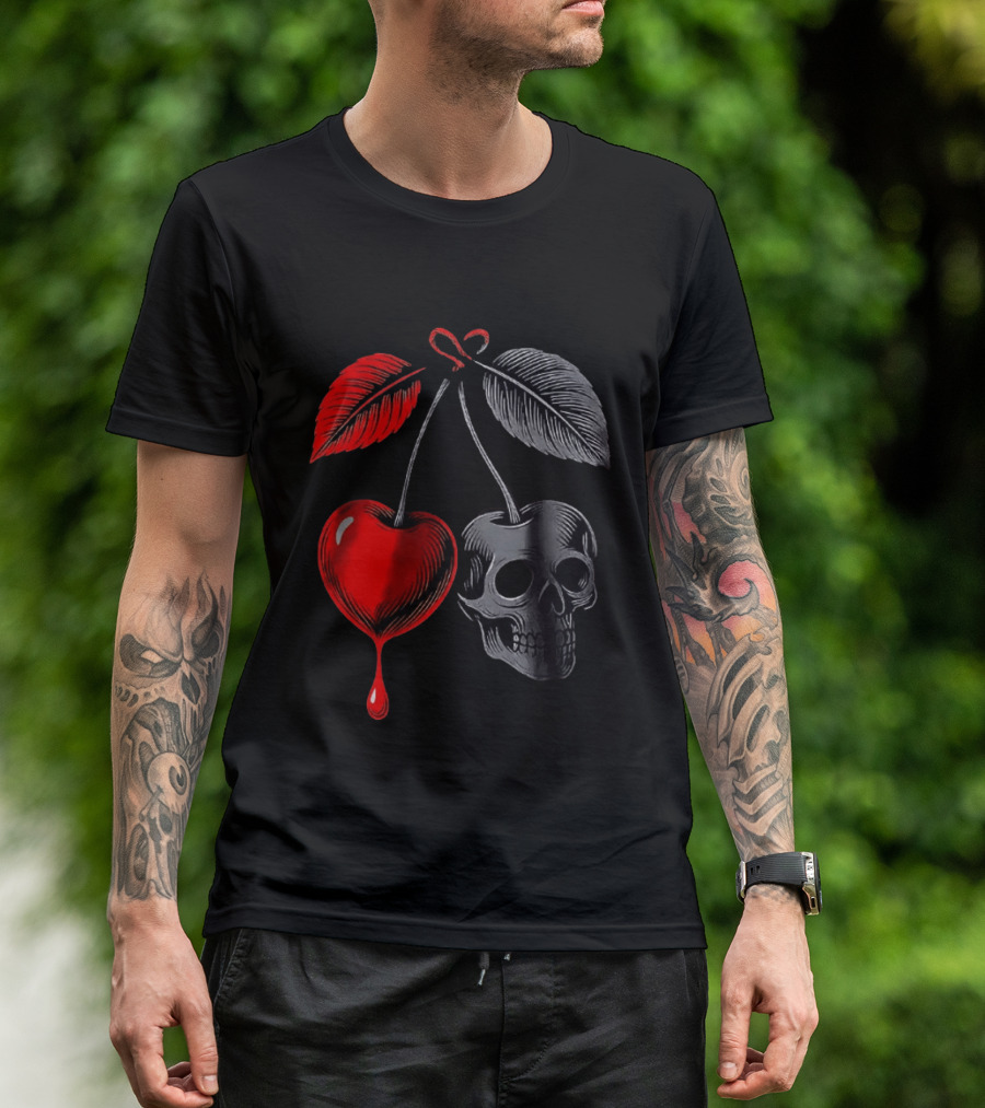Bleeding Cherry Skull Memento Mori Gothic Macabre Dark Fruit T-Shirt