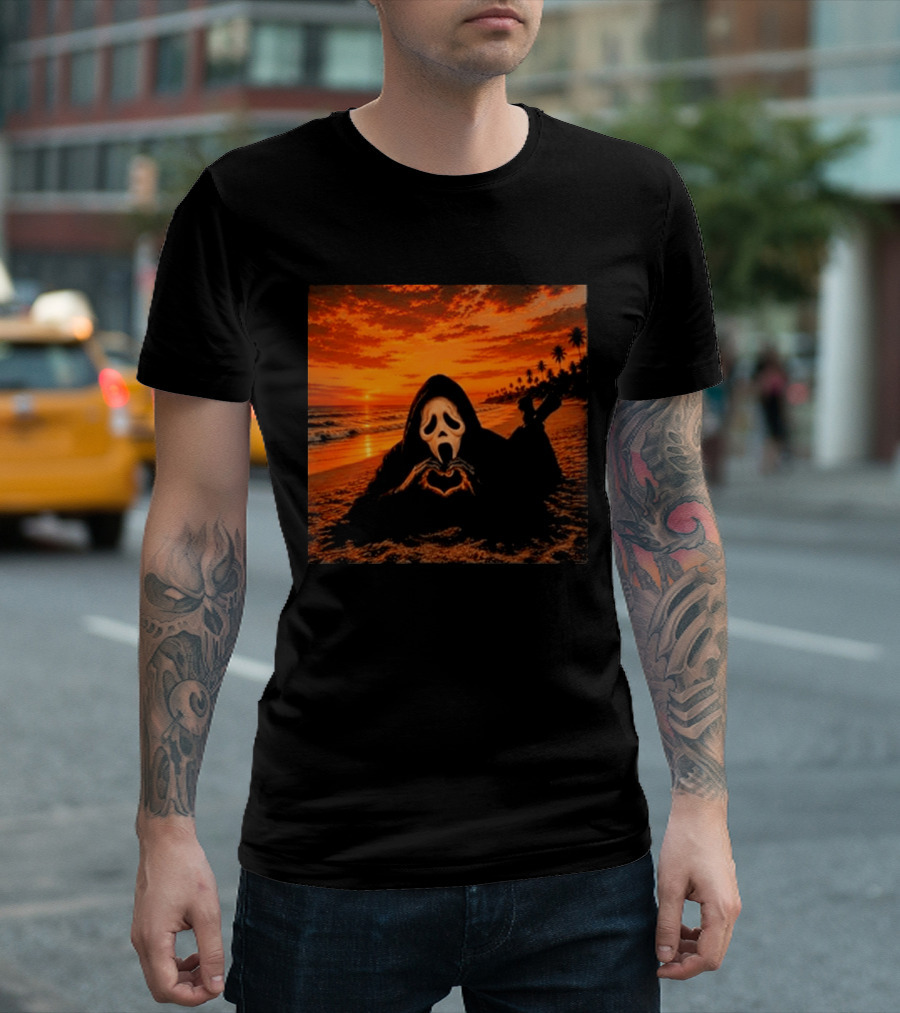 Ghostface Heart Hands Beach Sunset Halloween 2026 T-Shirt