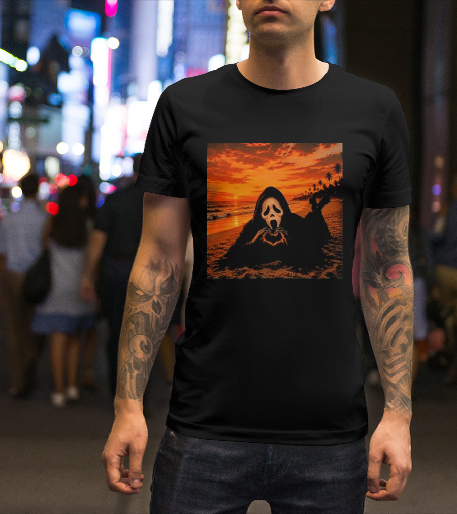 Ghostface Heart Hands Beach Sunset Halloween 2026 T-Shirt