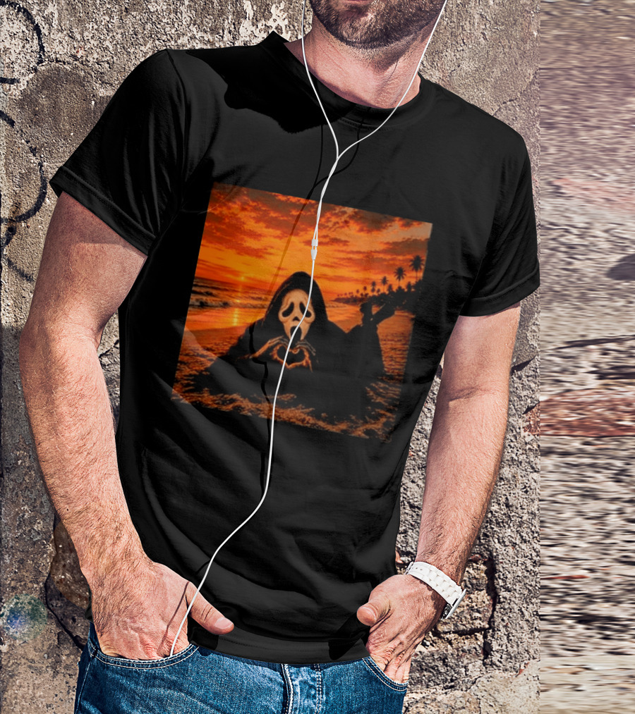 Ghostface Heart Hands Beach Sunset Halloween 2026 T-Shirt