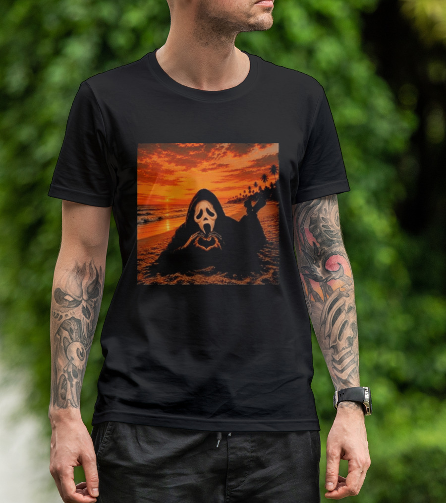 Ghostface Heart Hands Beach Sunset Halloween 2026 T-Shirt