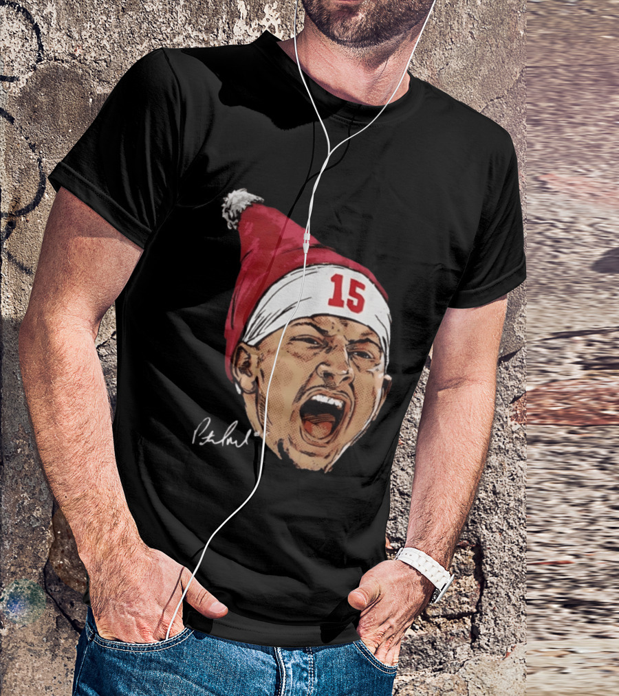 Pat Mahomes Screaming Face Red Santa Hat Number 15 Halftone Caricature T-Shirt