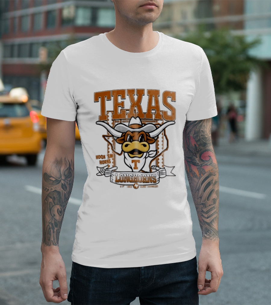 Texas Longhorns Hook Em Horns Game Changers Est 1883 State Map Cartoon T-Shirt