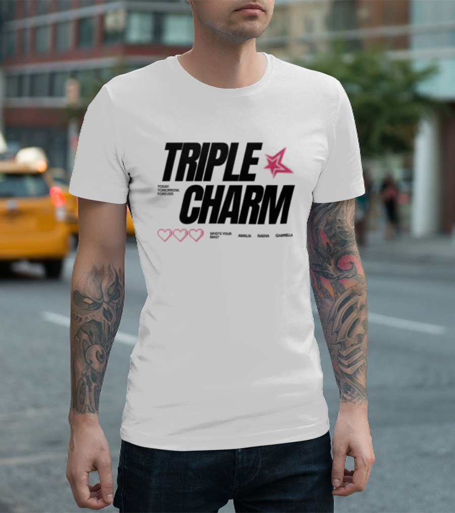 Triple Charm White Hearts Pink Star T-Shirt