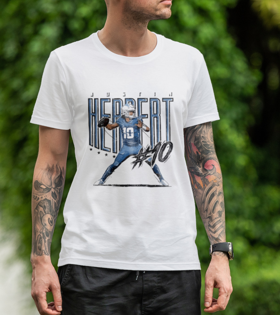 Justin Herbert 10 Quarterback Football Stars Distressed Sketch T-Shirt