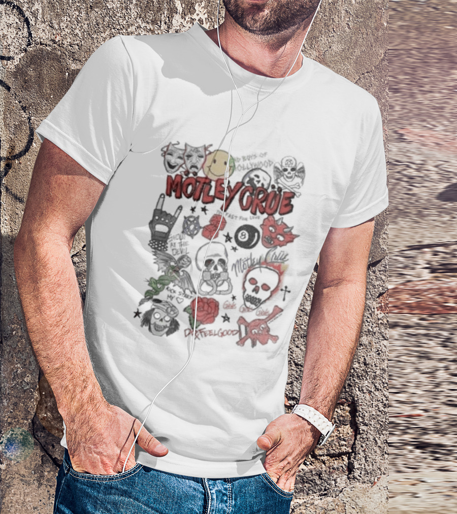 Motley Crue Album Doodle Collage Smiley Skull Roses Punk Rock T-Shirt