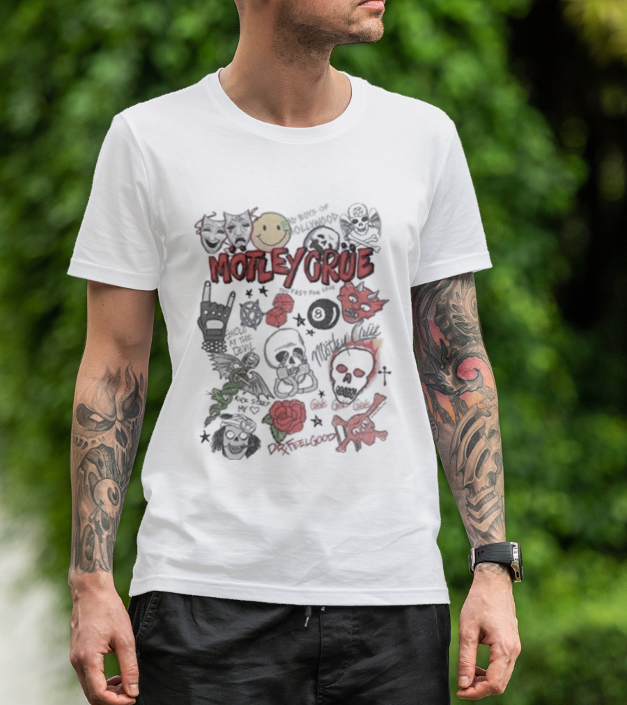 Motley Crue Album Doodle Collage Smiley Skull Roses Punk Rock T-Shirt