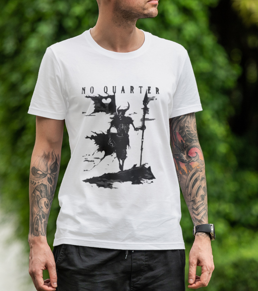 No Quarter Distressed Skeleton Warrior Dark Fantasy T-Shirt