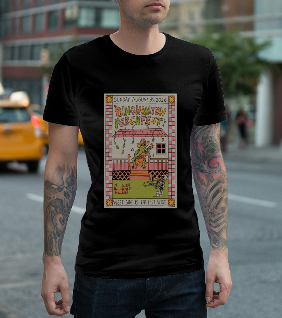 Binghamton Porchfest August 30 2026 West Side Is The Fest Side Sunday Concert Frog And Skeleton Player T-Shirt