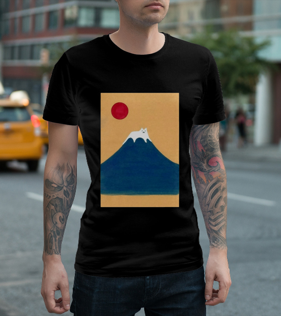 Meow Fuji Cat With Red Sun Illustration Japan T-Shirt
