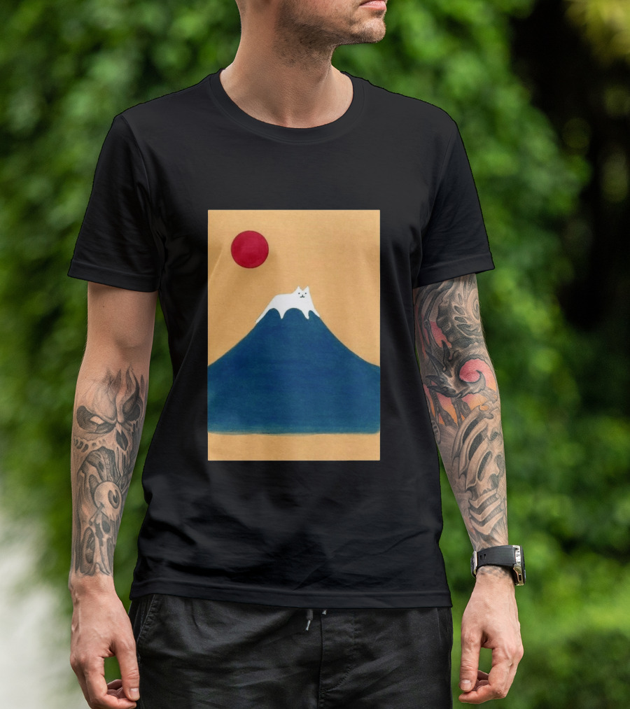 Meow Fuji Cat With Red Sun Illustration Japan T-Shirt