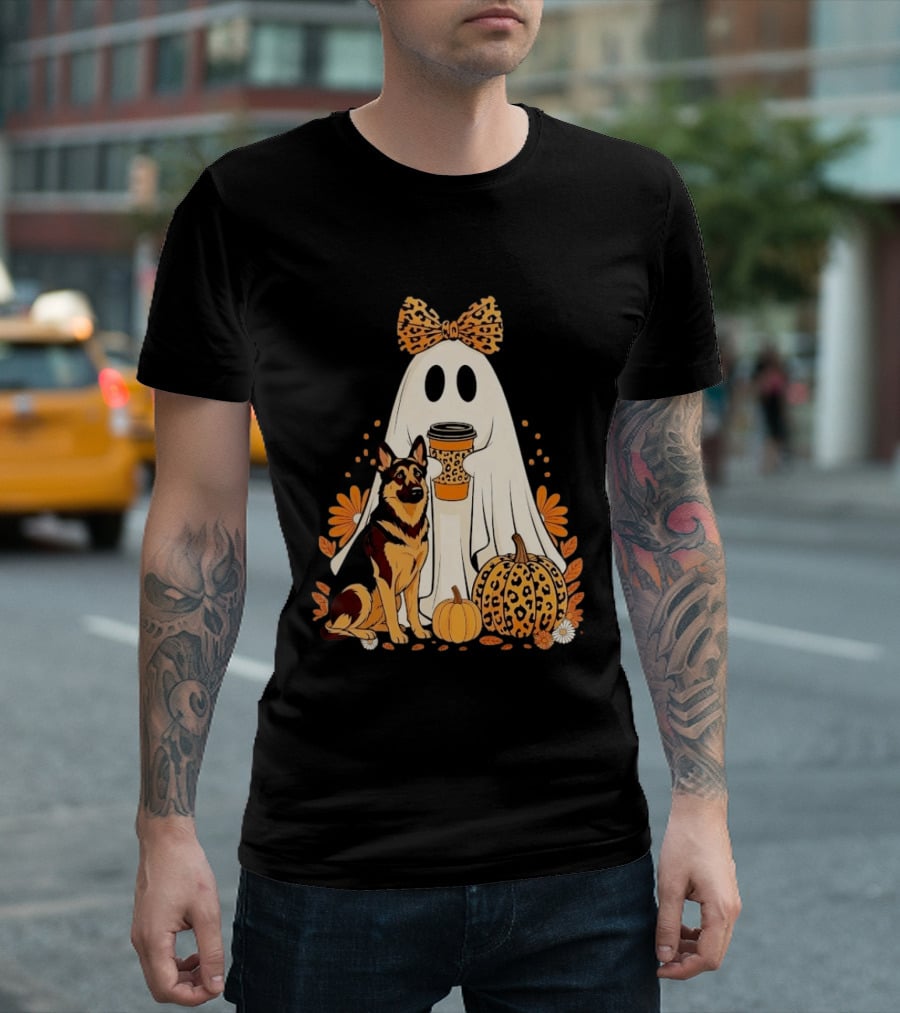 German Shepherd Ghost Leopard Pumpkin Coffee Halloween Bow T-Shirt