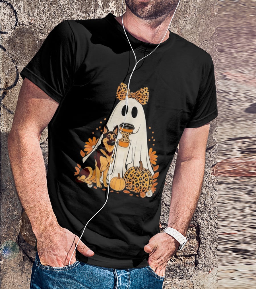 German Shepherd Ghost Leopard Pumpkin Coffee Halloween Bow T-Shirt