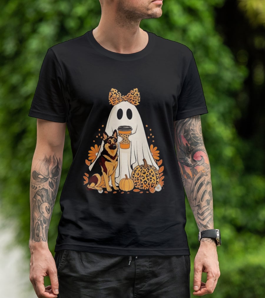 German Shepherd Ghost Leopard Pumpkin Coffee Halloween Bow T-Shirt