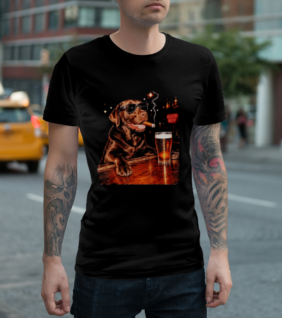 Silly Chocolate Labrador Retriever Drinking Beer Cigar Dog Good Boy Bar Night T-Shirt