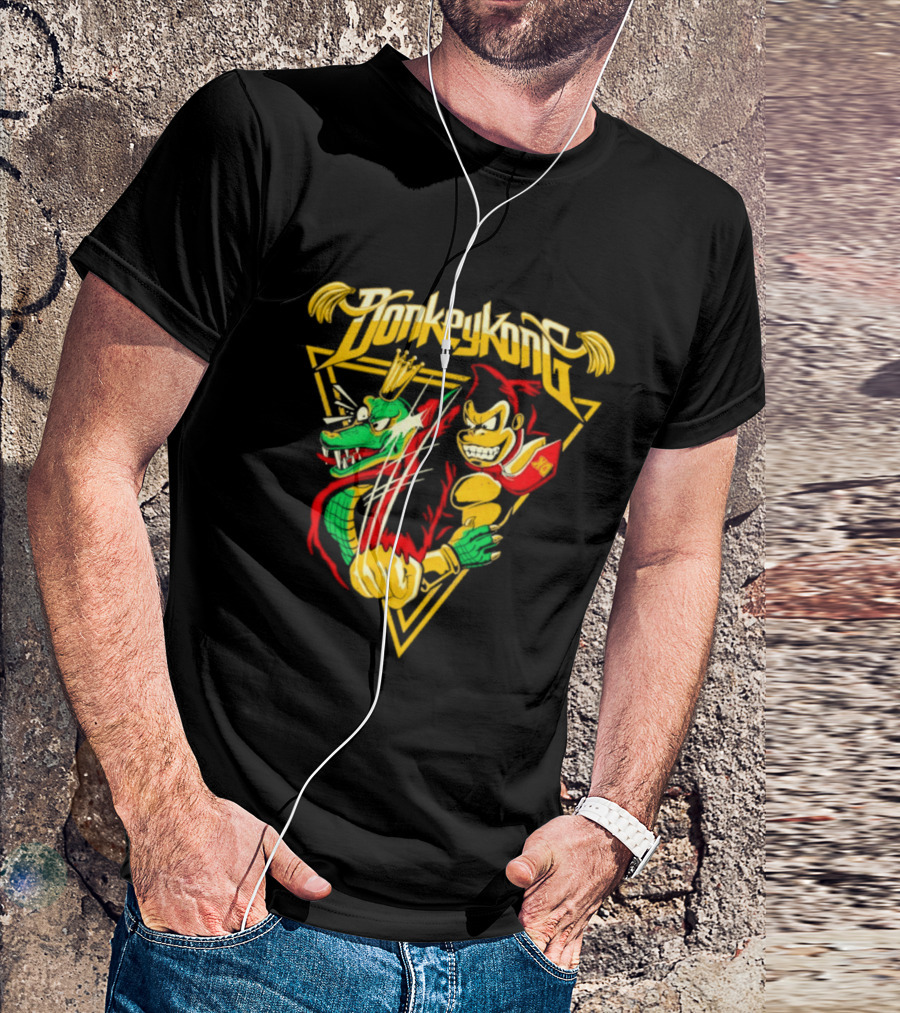 Donkey Kong Cartoon Retro Style Triangular Battle Scene T-Shirt