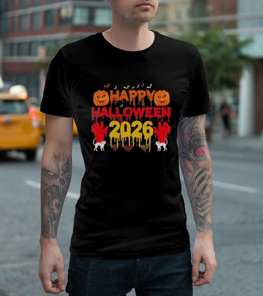 Happy Halloween 2026 Spooky Pumpkin Ghosts And Cats T-Shirt