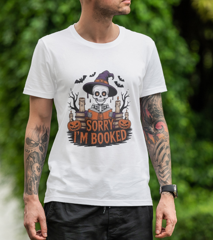 Sorry I'm Booked Skeleton Witch Halloween Reading Pumpkins Spooky Books T-Shirt