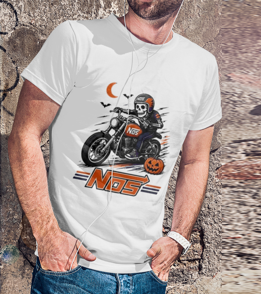 NOS Skeleton Biker Halloween Pumpkin Moon Bats T-Shirt