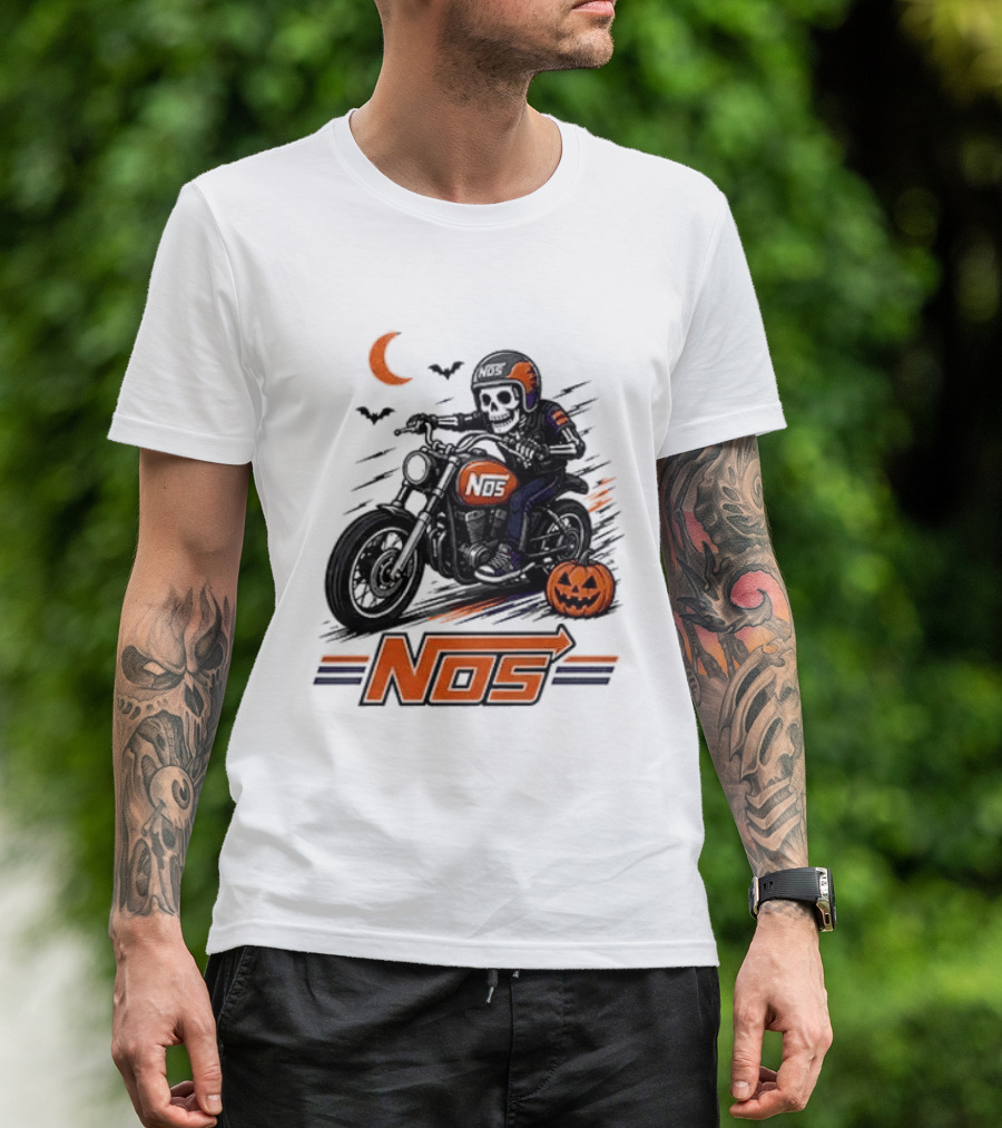 NOS Skeleton Biker Halloween Pumpkin Moon Bats T-Shirt