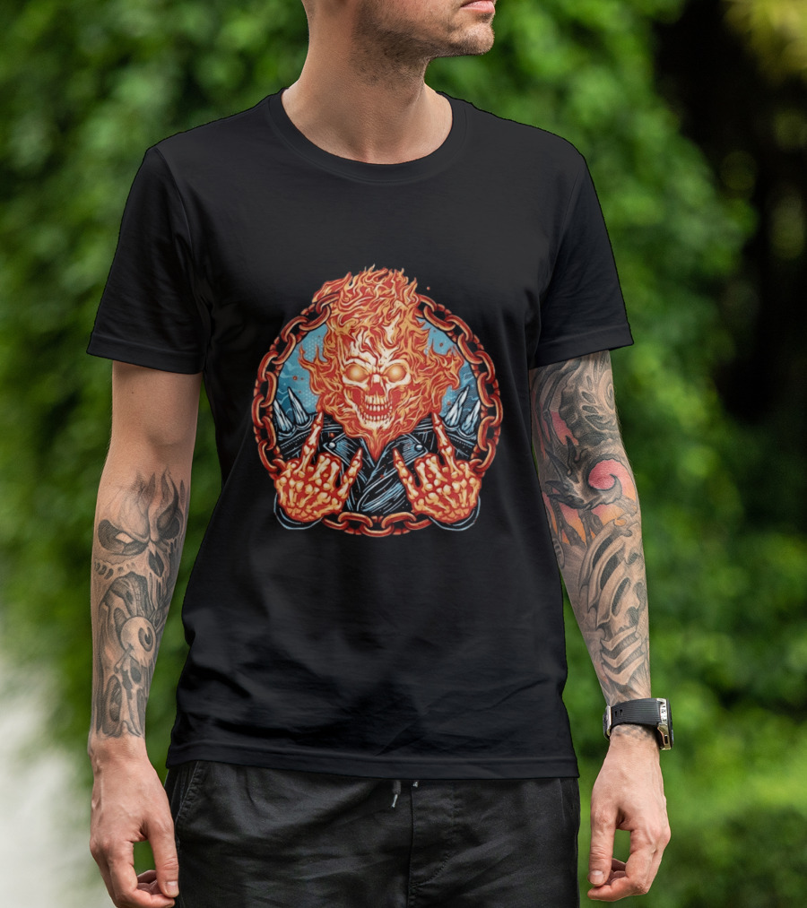 Ghost Rider Flaming Skull Heavy Metal Fiery Chain Rock And Roll T-Shirt