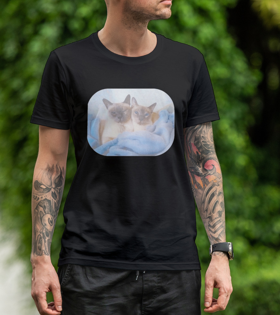 Siamese Cats Snuggling In Blue Blanket T-Shirt