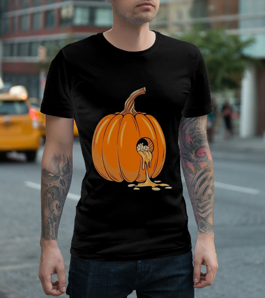 Gourdy Hole Halloween Pumpkin With Seeds Streaming Out T-Shirt