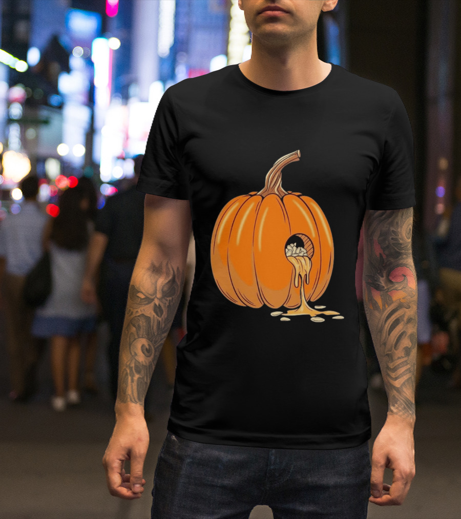 Gourdy Hole Halloween Pumpkin With Seeds Streaming Out T-Shirt