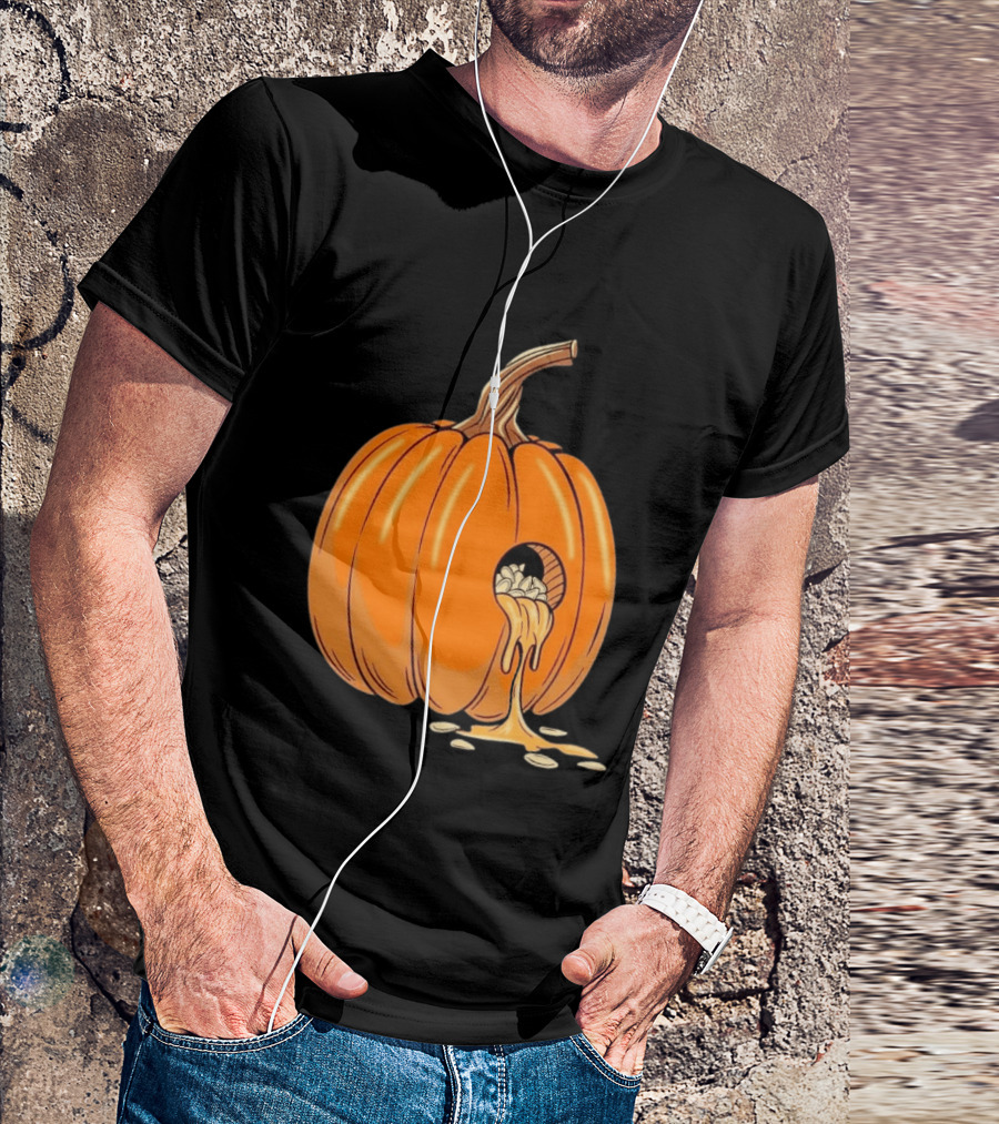Gourdy Hole Halloween Pumpkin With Seeds Streaming Out T-Shirt