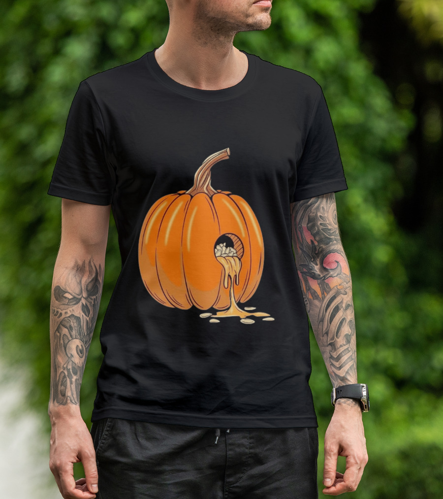 Gourdy Hole Halloween Pumpkin With Seeds Streaming Out T-Shirt