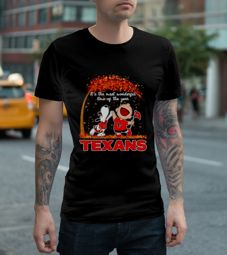 Snoopy And Charlie Brown It's The Most Wonderful Time Of The Year Texans Football Fan Celebration T-Shirt
