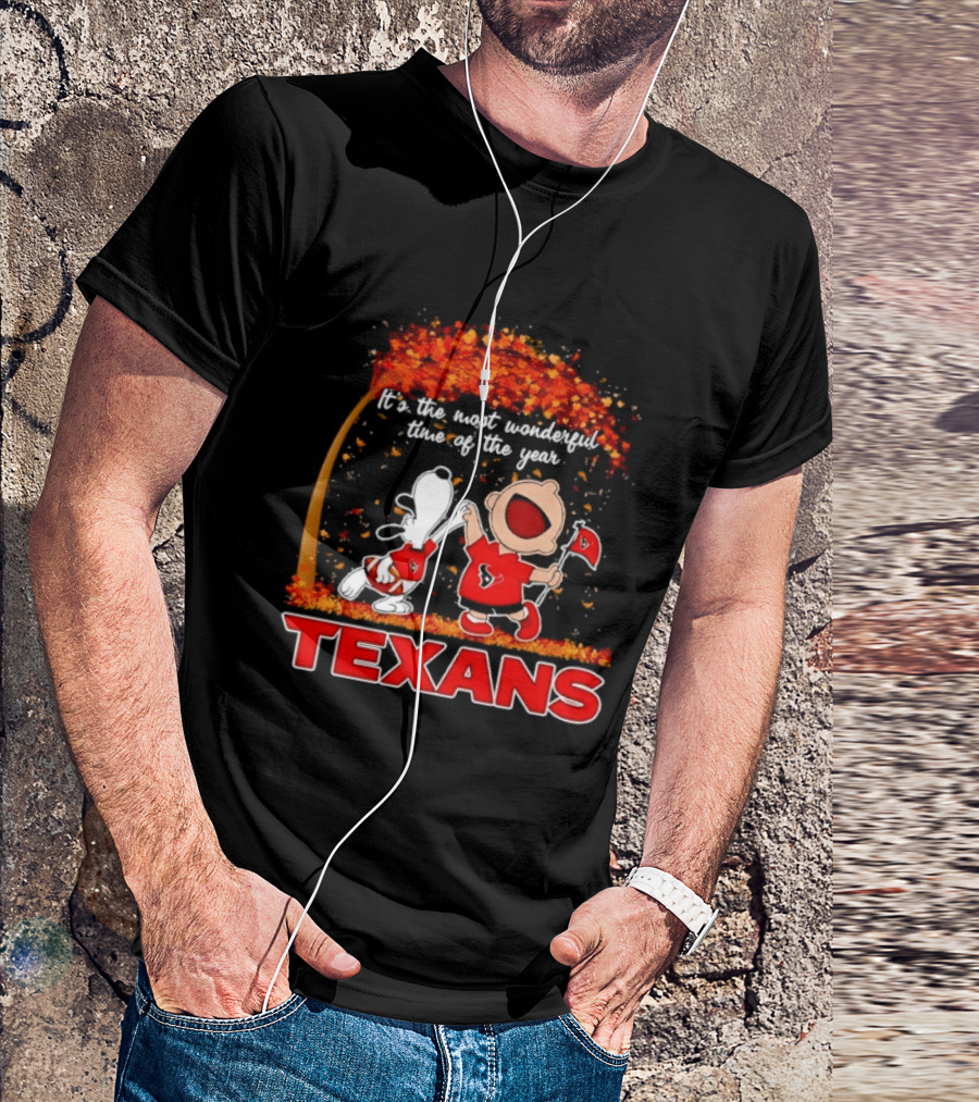 Snoopy And Charlie Brown It's The Most Wonderful Time Of The Year Texans Football Fan Celebration T-Shirt