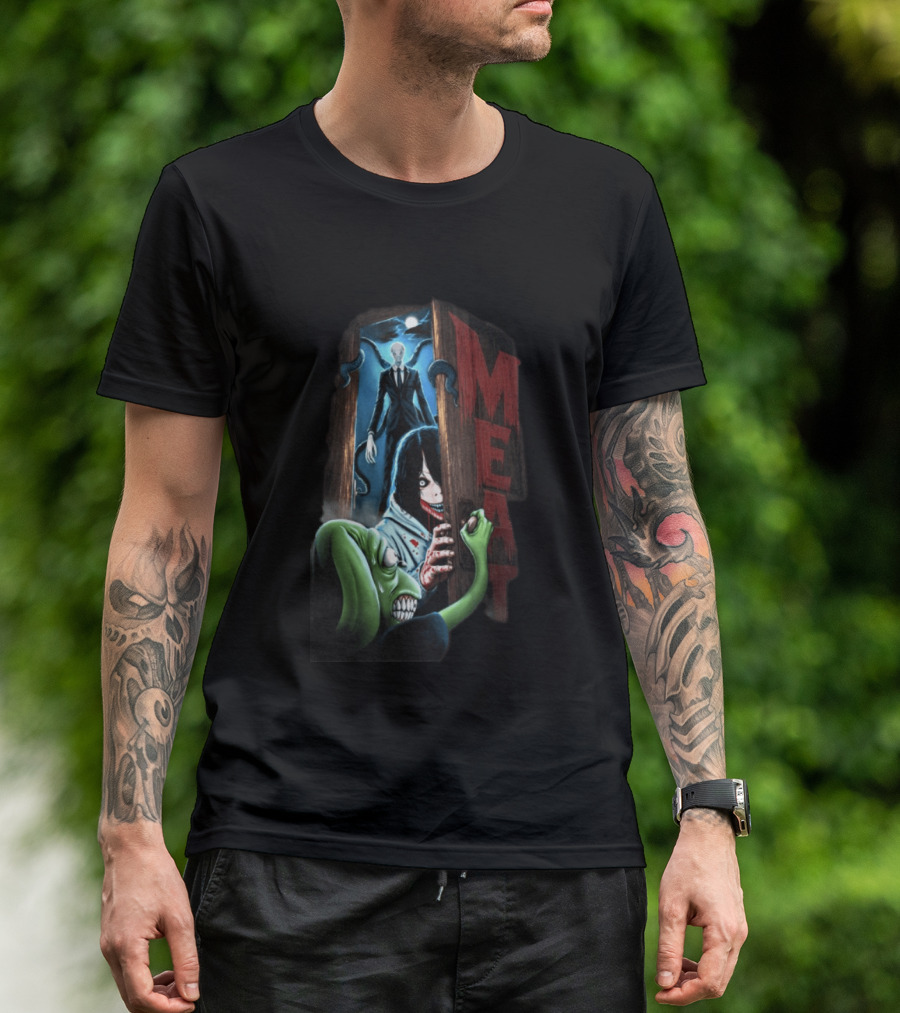 Meatcanyon Store Knock Knock Creepy Distressed Characters Horror Scene T-Shirt